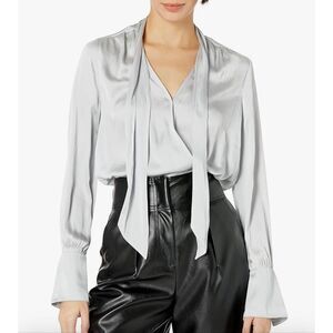 Paige Saffron Silky Satin Tie-Neck Bodysuit in Cloud Gray Size XS